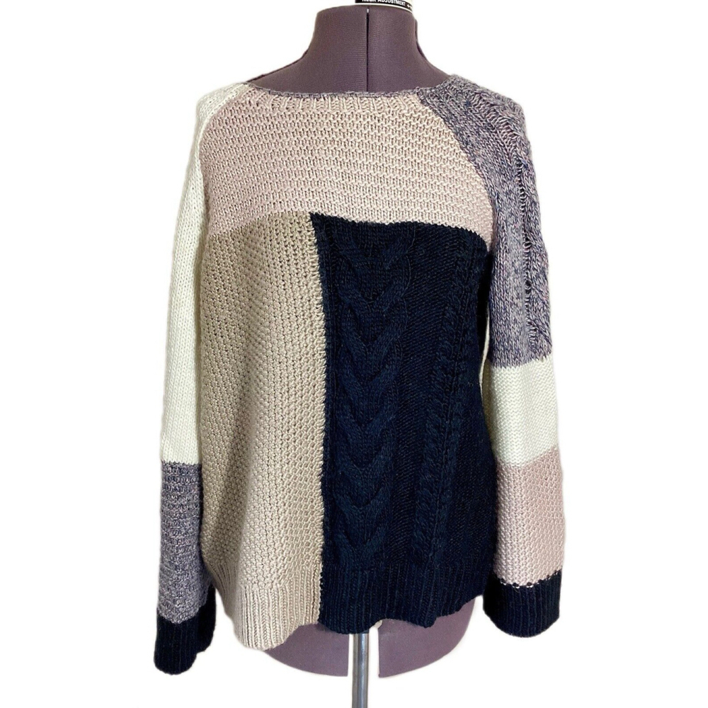 Chunky Cable Knit Wool Blend Sweater Sz M Patchwork Cozy Cabin Lounge Ski Lodge